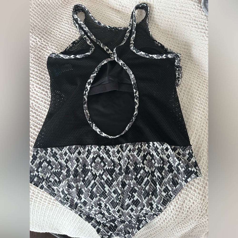 Coastal Blue Black and White Mesh One Piece Swimsuit size Large